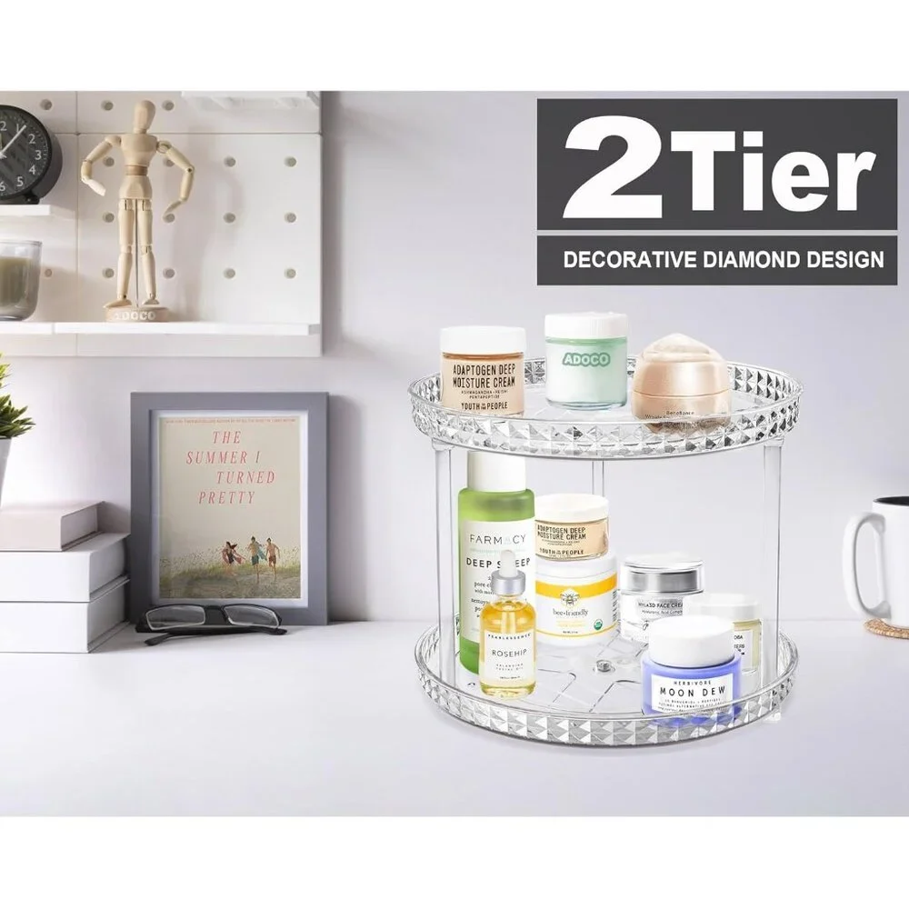 Women 2 Tier Diamond Lazy Susan Bathroom Organizer Countertop Rotating Cosmetic